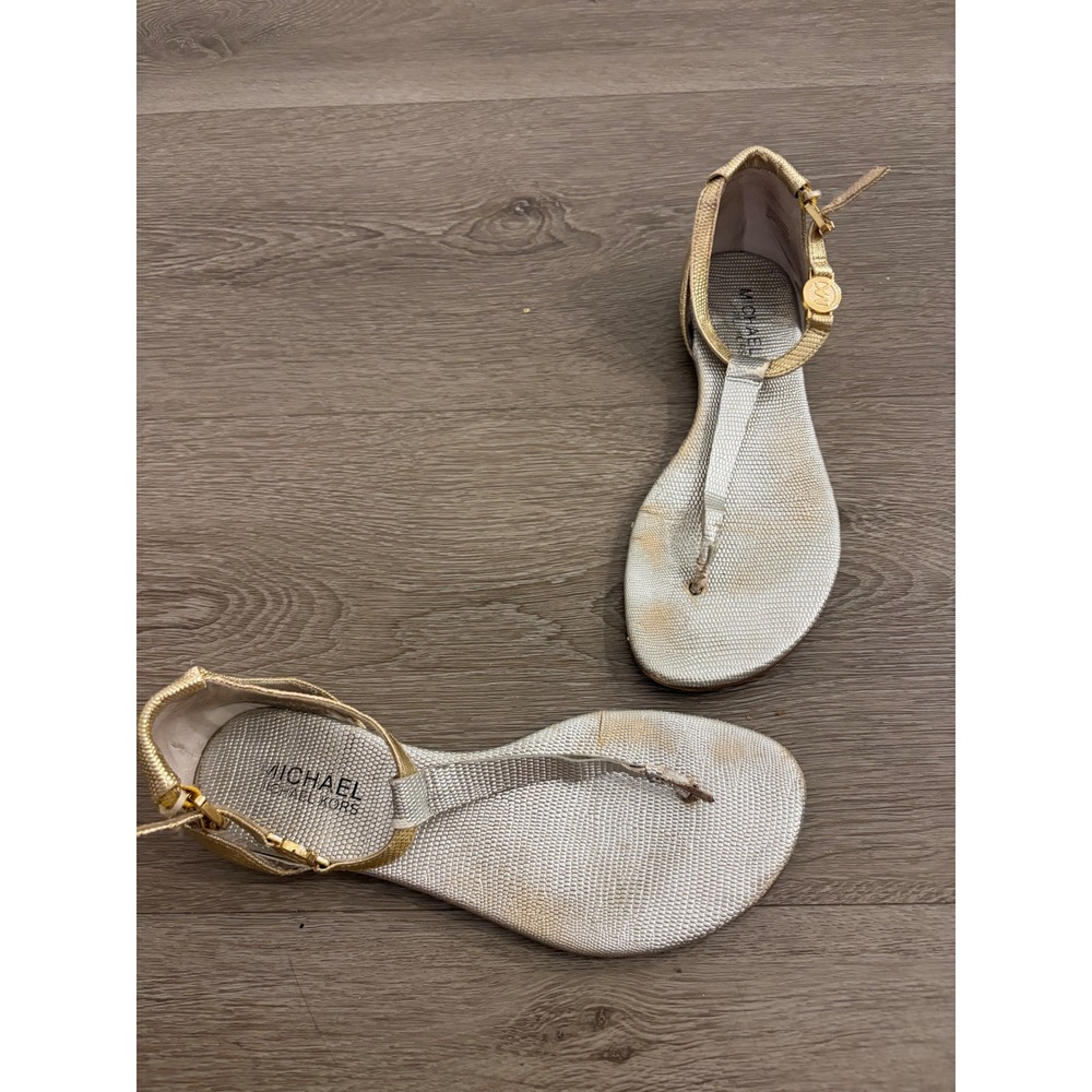 Michael Kors Metallic Silver Gold T-Strap Flat Sandals Leather MK Logo Size 6